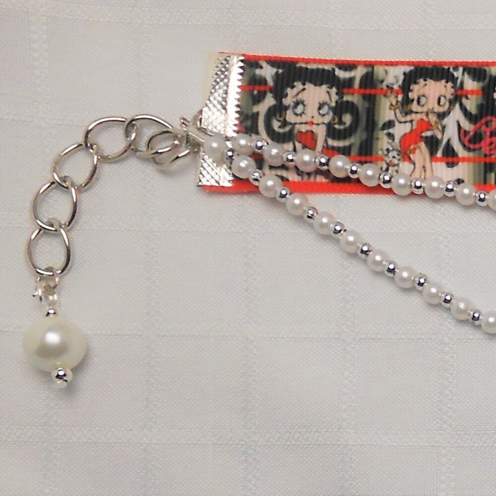 No606 Statement handmade 3 rows choker necklace with Betty Boop patterned ribbon